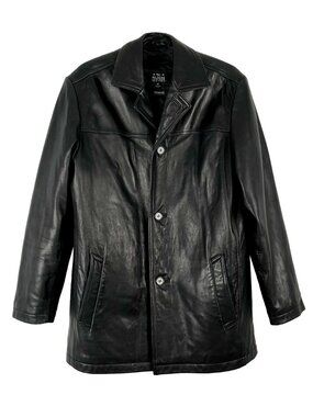 Wilsons Pelle Studio Genuine Leather Long Coat Black 90s Vintage Grunge Y2K Mens